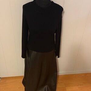 T Tahari Black Long Sleeve Sweater Dress with Faux Leather